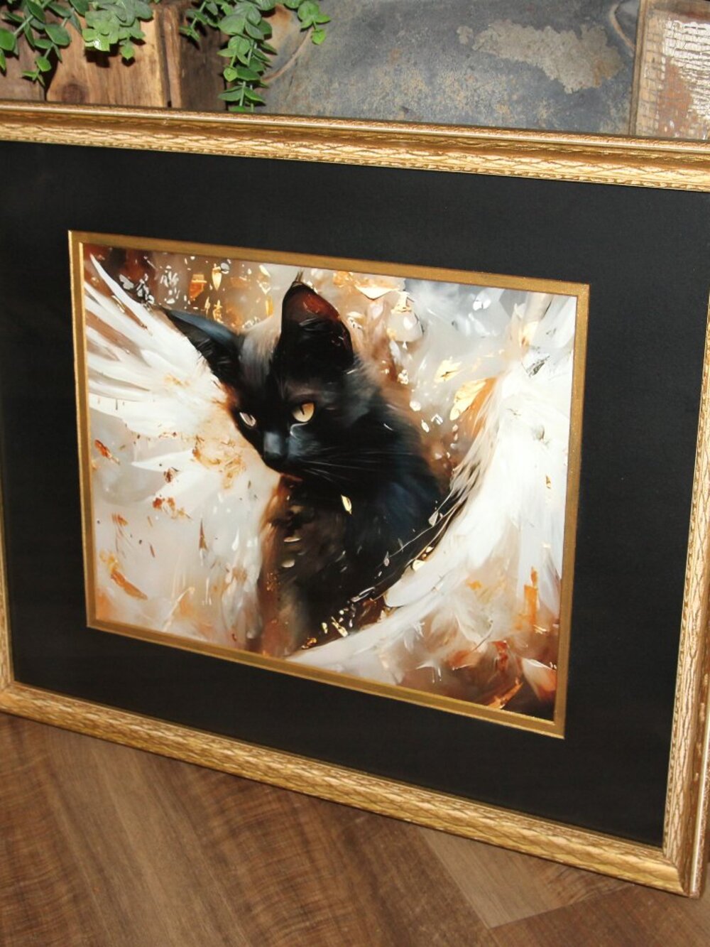 Large Dark Moody Gothic Victorian Black Cat w/Wings Wall Art in VTG Gold Frame